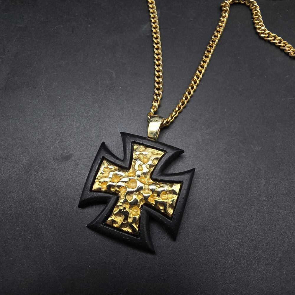 Black Gold Tone Maltese Cross Pendant Necklace Signed Central